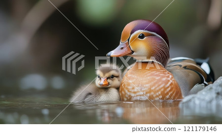 A duck is swimming with its mother in a pond 121179146