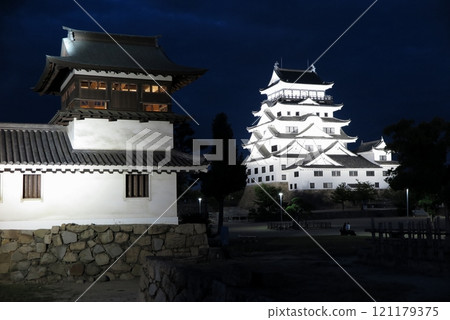The castle tower and bell turret (both reconstructed) illuminated at Fukuyama Castle Ruins Park 121179375