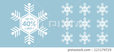 Sale tags set vector badges template, up to 10, 20, 30, 40, 50, 60, 70, 80, 90 percent off, snowflake vector illustration isolated on blue background. Price off tag icon flat design collection set. Up 121179729