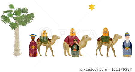 Wise men, magi, a camel with gifts, gold, myrrh, frankincense Christmas star watercolor card. Hand painted art for invitations, posters, stickers, banners, celebration of true Christmas. Cute clip art 121179887