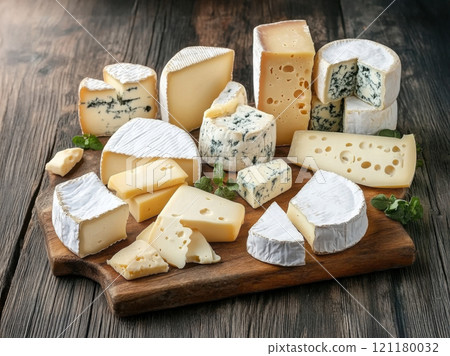 various types of cheese on rustic wooden table 121180032