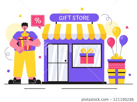 Gifts Store Vector Illustration featuring Wrapped Gift Boxes with Ribbons and Confetti, Perfect for Surprising Your Friends in a Flat Style Background Gifts Store Vector Illustration featuring Wrapped Gift Boxes with Ribbons and Confetti, Perfect for Surprising Your Friends in a Flat Style Background 121180286