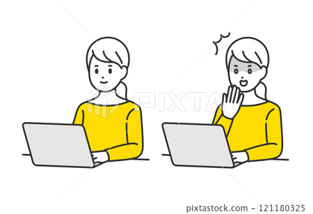 Set of young women looking at a computer and posing in shock [People vector illustration material] 121180325