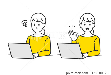 A set of young women looking at a computer and worrying / making an OK sign pose [People vector illustration material] 121180326