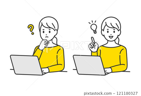 A set of young women looking at a computer and having doubts/inspiration poses [People vector illustration material] 121180327