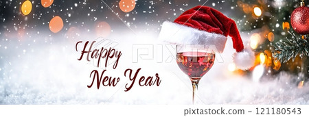 Wine glass with Santa hat amidst festive sparkle joy. 121180543