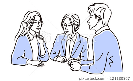 三個男人和女人說話的線條描圖_雙色藍黑 三個男人和女人說話的線條描圖_雙色藍黑 121180567