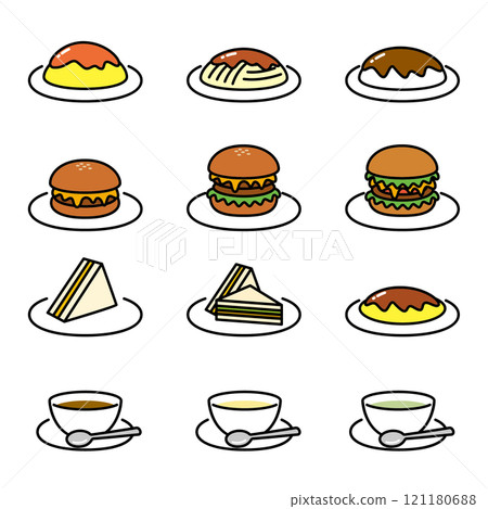 Illustration set of western food such as hamburgers served at cafes 121180688