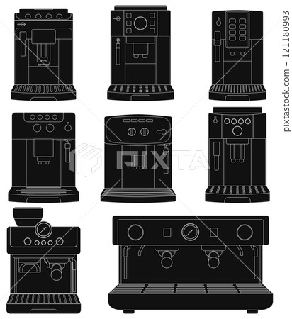 Layered editable vector illustration sihouette collection of espresso machines. 121180993