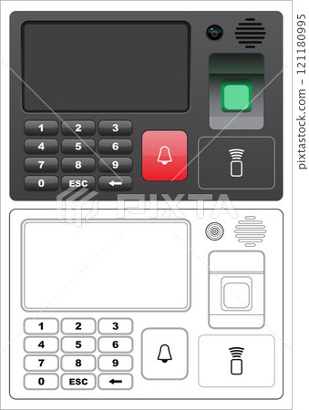 Layered editable vector illustration of access control system,with LCD screen, password input, fingerprint scanning, card reader, face recognition camera. 121180995