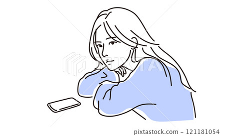 一個女人在智慧型手機前陷入沉思的線條畫_雙色藍黑 一個女人在智慧型手機前陷入沉思的線條畫_雙色藍黑 121181054