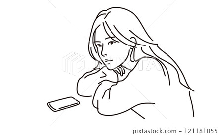 一個女人在智慧型手機前陷入沉思的線條畫 一個女人在智慧型手機前陷入沉思的線條畫 121181055