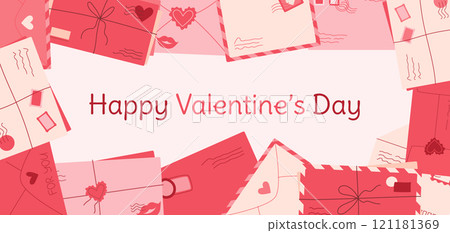 Modern style romantic letter valentine concept, creative craft envelope with heart and lips background, happy valentine's day cute postcard flyer, flat love mail banner, cartoon post card poster. 121181369