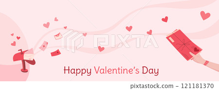 Creative valentine's day romantic letter template, trendy cute post card banner, flat hand hold love letter postcard concept, modern craft envelope with heart design, cartoon handmade mail poster, 121181370