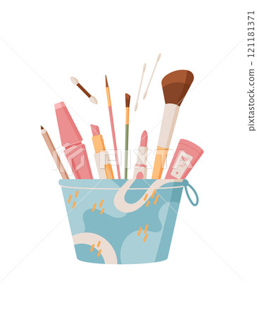 Colorful cosmetic products including lotion, brush, and lipstick in flat cartoon graphic style. Perfect for themes of beauty and skincare, ideal for use in fashion or advertising. 121181371