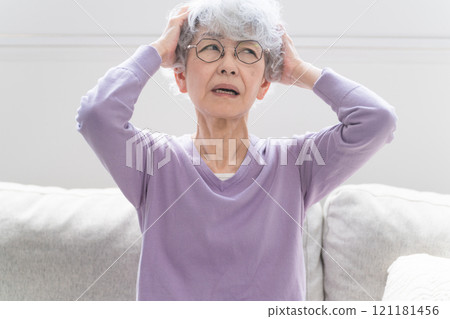 坐在沙發上的老年婦女 121181456