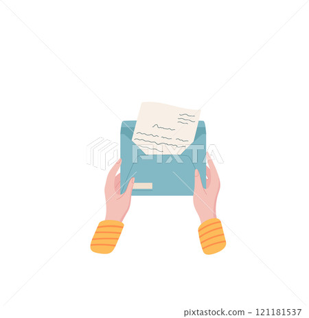 Open envelope with letter and message inside, held by girl hand. Concept of communication, love, and correspondence. Flat style, ideal for stationery creative projects. 121181537