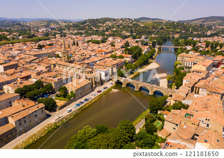 Aerial view of French commune of Limoux on Aude River in summer 121181650