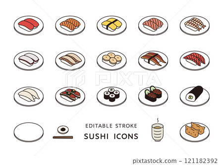 與壽司相關的圖標集（顏色/帶盤子） 121182392