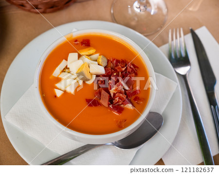 Cordoban salmorejo with ham and egg shavings 121182637