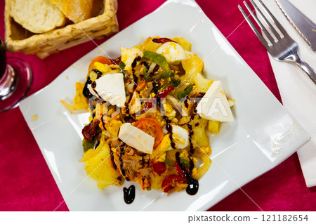 Image of fresh salad potatoes, fresh cheese and vegetables Image of fresh salad potatoes, fresh cheese and vegetables 121182654