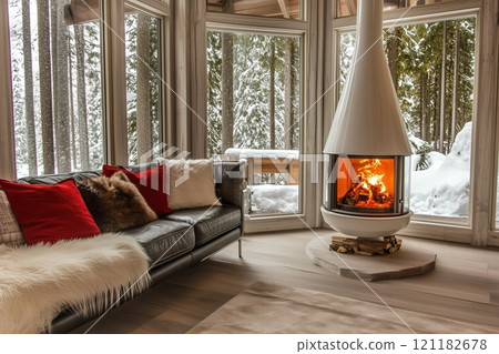 Cozy Winter Retreat with Fireplace Warmth by Generative Ai 121182678