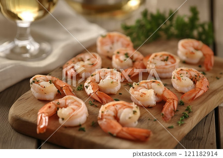 Elegant Shrimp Appetizer Platter Garnished with Herbs by Generative Ai 121182914