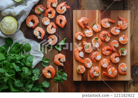 Fresh Shrimp Display with Herbs by Generative Ai 121182922