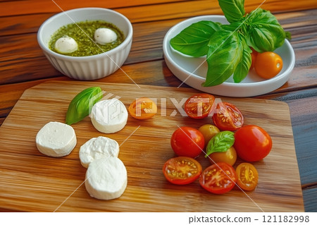 Caprese Ingredients: Fresh Mozzarella, Tomatoes, Basil by Generative Ai Caprese Ingredients: Fresh Mozzarella, Tomatoes, Basil by Generative Ai 121182998