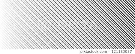 Wavy line geometric gradient pattern. Fading wave halftone gradation. Black and white curved stripe texture wallpaper. Thin to thick strike background for overlay, print, cover, graphic design. Vector 121183057