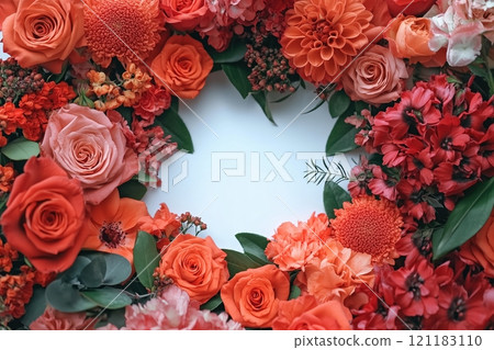 Vivid Floral Wreath Composition with Orange and Red Blooms by Generative Ai 121183110