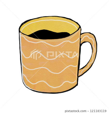 A simple and cute picture book style illustration on a mug of coffee A simple and cute picture book style illustration on a mug of coffee 121183119