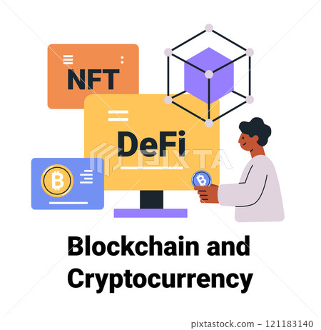 Blockchain cryptocurrency concept with DeFi NFT elements person holding Bitcoin cube structure colorful digital finance tech design 121183140