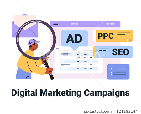 Digital marketing campaigns concept person examining online ads SEO PPC elements colorful design 121183144