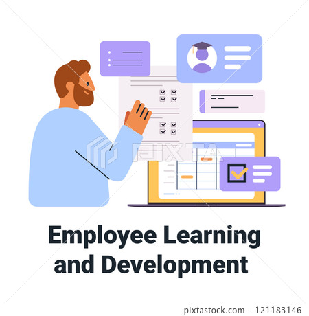 Employee learning and development concept illustrated with a person interacting with digital training tools charts and checklists on a laptop screen Employee learning and development concept illustrated with a person interacting with digital training tools charts and checklists on a laptop screen 121183146