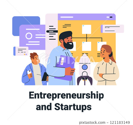 Entrepreneurship and startups concept with diverse team discussing ideas rocket and flowchart vibrant colors modern design Entrepreneurship and startups concept with diverse team discussing ideas rocket and flowchart vibrant colors modern design 121183149