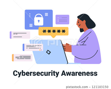 Cybersecurity awareness woman using laptop digital security concept lock icons passwords floating elements colorful design landing page 121183150