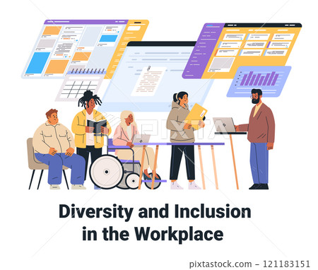 Diverse workplace team collaboration with technology digital devices charts and documents office environment inclusive teamwork modern business template 121183151