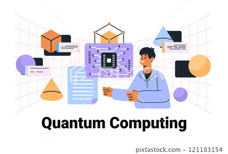 Quantum computing concept with person interacting with digital elements and geometric shapes on a grid background technology theme 121183154