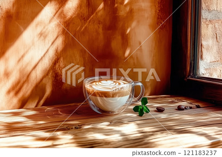 Latte in a Cup with Wooden Table and Rustic Setting by Generative Ai Photo 121183237