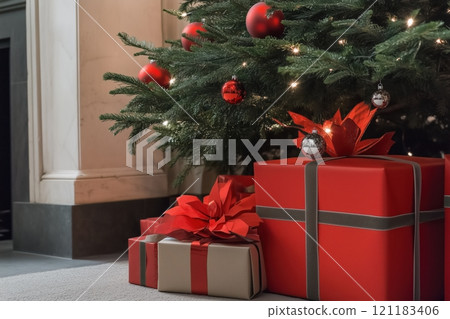 Festive Red Christmas Gifts Under Tree by Generative AI Creativity Festive Red Christmas Gifts Under Tree by Generative AI Creativity 121183406