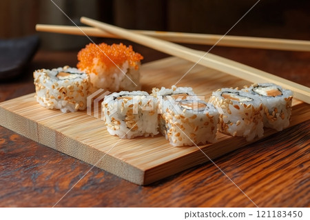 A Delectable Spread of Maki Rolls, Ready to Be Savored, Captured in a Photo - Generative AI Photo 121183450