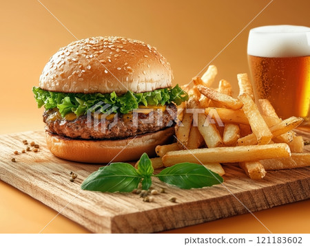 A Classic American Feast: Juicy Burger, Crispy Fries, and a Frosty Beer, Captured in a Photo - Generative AI Photo A Classic American Feast: Juicy Burger, Crispy Fries, and a Frosty Beer, Captured in a Photo - Generative AI Photo 121183602