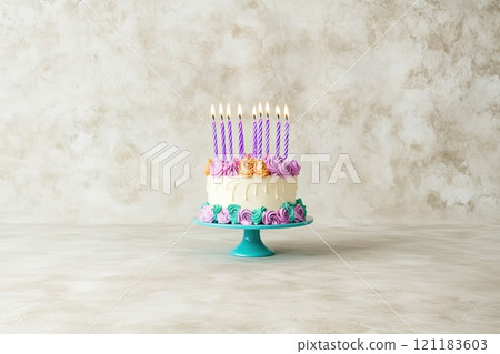 A Festive Birthday Cake with Colorful Candles, Ready to Celebrate - Generative AI Photo 121183603