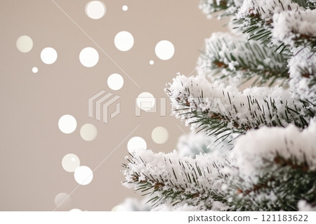 A Wintery Christmas Scene: A Close-up of a Snow-Covered Pine Branch, Shimmering with Lights - Generative AI Photo A Wintery Christmas Scene: A Close-up of a Snow-Covered Pine Branch, Shimmering with Lights - Generative AI Photo 121183622
