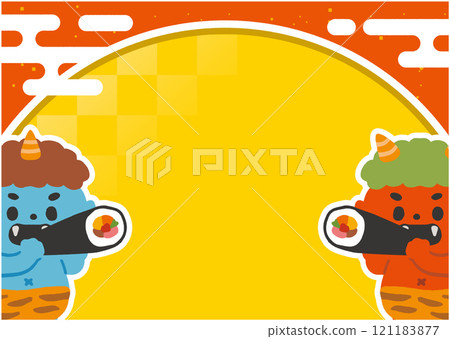 紅色惡魔和藍色惡魔黃色背景的節分框架 121183877