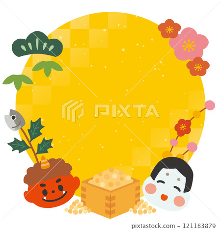 Setsubun round frame yellow background Setsubun round frame yellow background 121183879