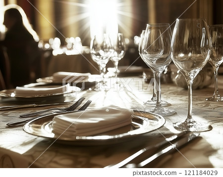 A Beautifully Set Table Awaits Guests for a Fine Dining Experience - Generative AI 121184029