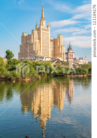 The view on the residential Stalinist high-rise building on Kudrinskaya Square. It is the one of seven Stalinist skyscrapers built in 1947-1954. The view on the residential Stalinist high-rise building on Kudrinskaya Square. It is the one of seven Stalinist skyscrapers built in 1947-1954. 121184276