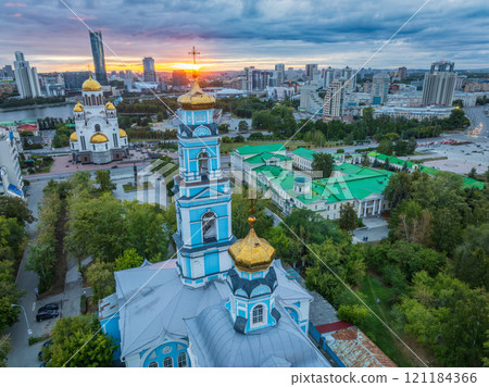 Summer Yekaterinburg, Temple of the Ascension and Temple on Blood in beautiful clear sunset. 121184366
